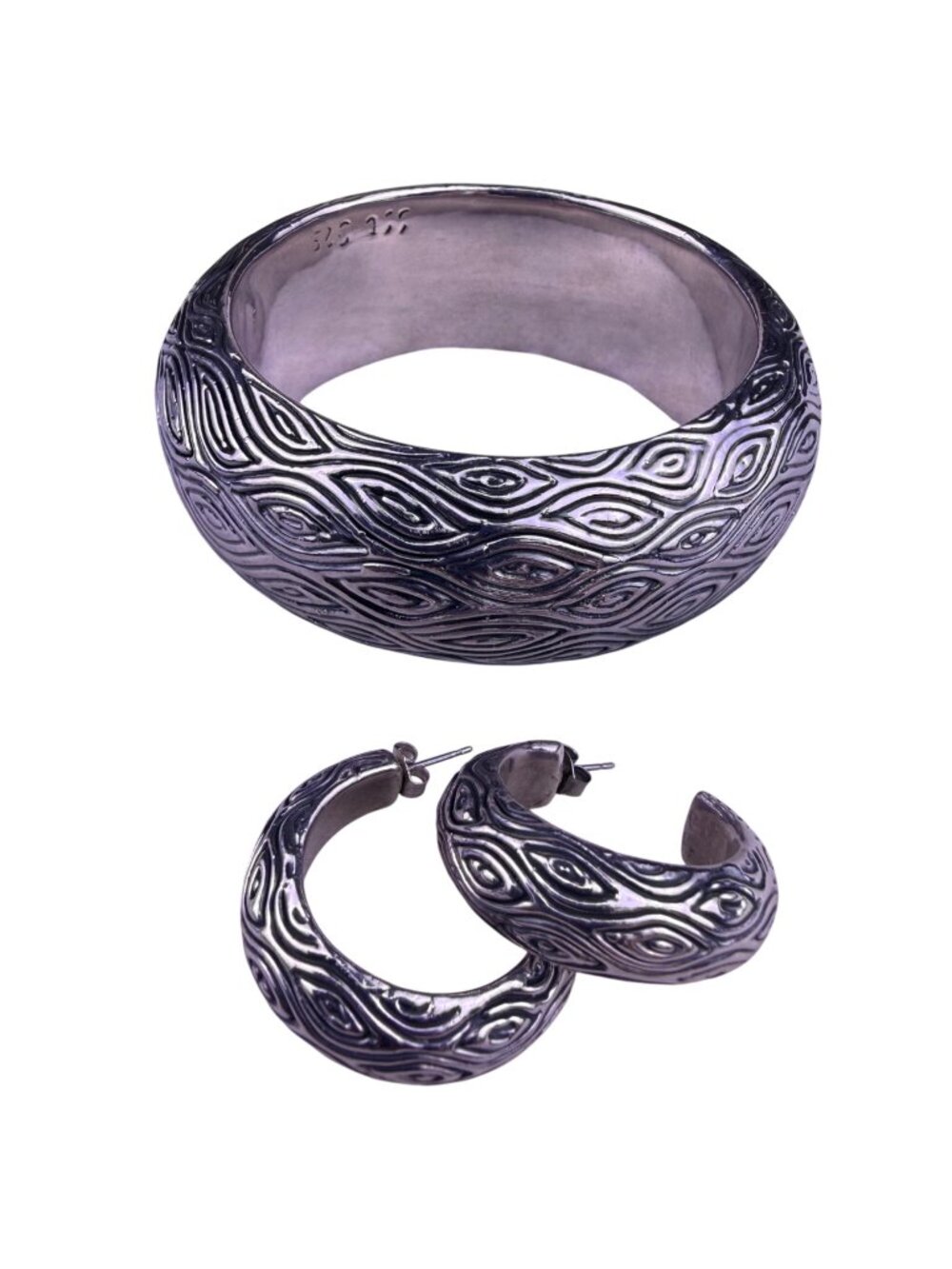 Sterling Silver 925 Womens Etched Bangle Bracelet & Hoop Earrings Set Vintage